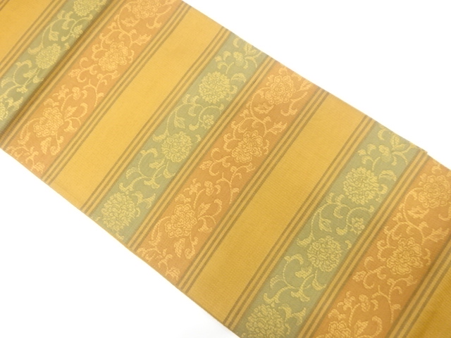 JAPANESE KIMONO / UNUSED FUKURO OBI / SILK / WOVEN STRIPE & FLORAL ARABESQUE